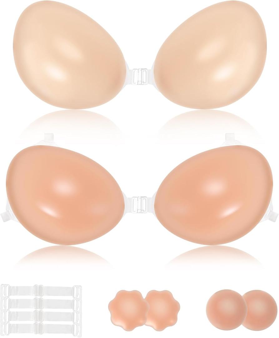 2 x Sticky Push Up Bra for Women,Adhesive Invisible Silicone Lift Bra with Reusable Nipple Covers for Backless Dress
