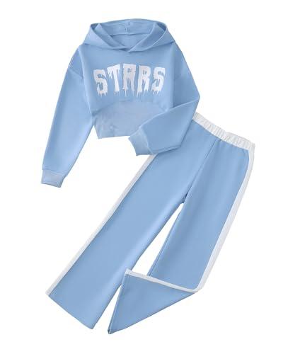 YOURUIKEY Girls' Clothing Set Crop Top Letter Hoodie Sweatpants Fall Winter Outfits Tween Girl Trendy Clothes Activewear 8-12  (Sky Blue, Size 11)