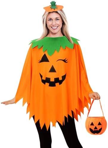 WISHTEN 3PCS Halloween Pumpkin Costume for Women,Pumpkin Poncho for Adults with Headband & Bag,Halloween Costume for Women 2-3