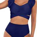 Aleumdr Women's High Waisted Bikini Sets Ruffle Two Piece Swimsuits Crisscross Bathing Suits (Medium, A3 Navy Blue)
