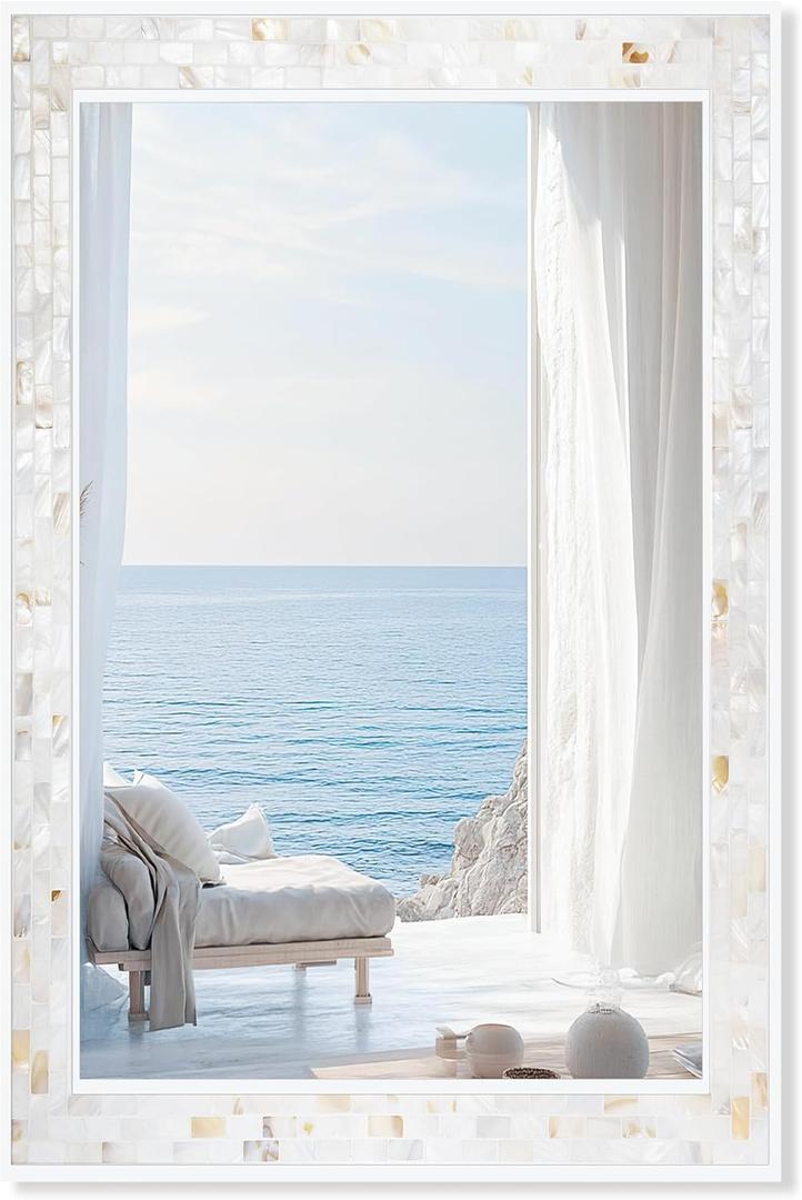 Tanmicoshomy White 24 x 36 Inch Rectangle Bathroom Mirrors for Wall, Natural Shell Framed Wall Mounted Mirror for Bedroom, Living Room or Entryway, Horizontal or Vertical Hanging