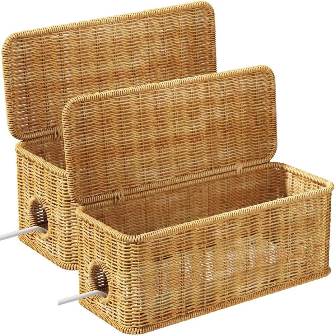 Cable Management Box,2 Open Slots Cord Organizer Hider Box with Lid,2 Pack Handwoven Imitation Rattan Cable Organizer Box for TV Wire Computer Router & Power Strip-A Style(Light Brown)