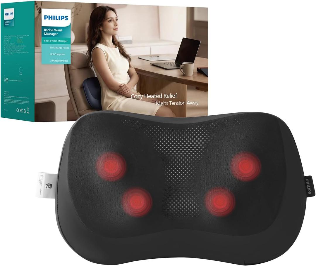 Philips Shiatsu Back and Neck Massager with Heat,3D Electric Kneading Deep Tissue Massage Pillow for Shoulder,Foot&Lower Back Pain Relief for Office home,Travel,Mothers Day Gifts for Women,Men,Mom,Dad
