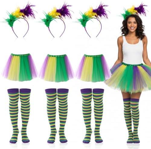 Shyyween 3 Set Mardi Gras Tutu Set Women Mardi Gras Costume Outfit Tulle Tutu Skirt Leg High Socks Faux Feather Headband for Carnival Masquerade Party Cosplay