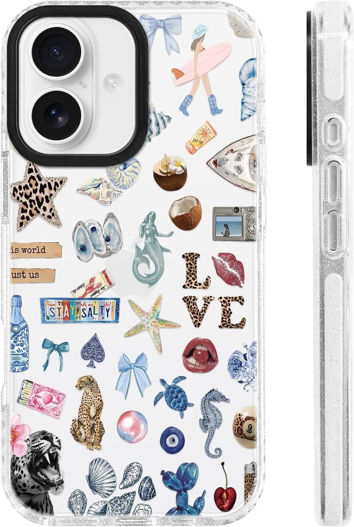 for iPhone 17 Case [Military-Grade Drop Protection/Stylish Soft Slim TPU Protective/Camera Protection/Women & Girls] - Beach Party Collage Pattern with Leopard Print & Mermaid