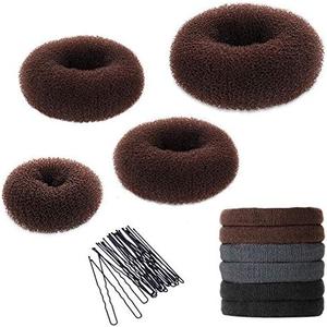 YaFex Hair Bun Maker Kit, Donut Bun Maker 4 Pieces (Large, Medium and Small), 6 Pieces Elastic Hair Ties, 20 Pieces Hair Bobby Pins, Brown