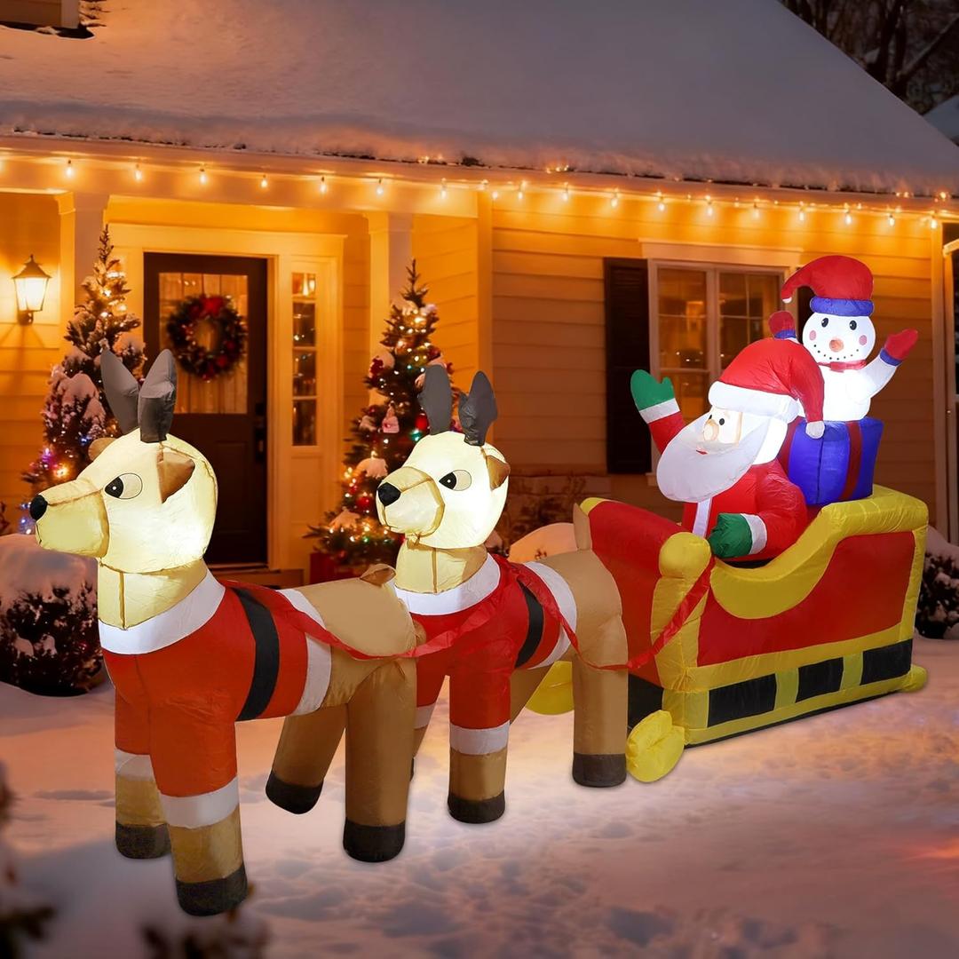 8ft Long Christmas Inflatable Santa Claus & Snowman on Sleigh with Reindeers, Xmas Blow up Yard Decorations with Built-in LED Lights for Outdoor Garden Lawn Xmas Holiday Decor