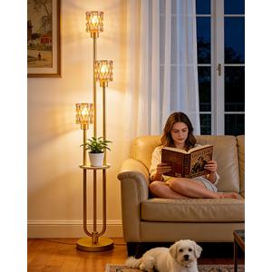 Lightdot 3-Lights Glass Floor Lamp for Living Room Modern Gold Floor Lamp with Amber Glass Shade for Wedding/Party Farmhouse Tall Standing Lamp for Bedroom/Sofa Beside/Corner Decor