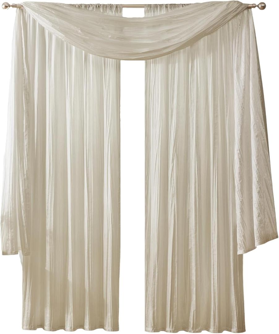 Elrene Home Fashions Athena Faux Crushed-Silk Window Curtain Panel and Valance Set, 52"x84" (2 Panels) & 1 Valance, Ivory