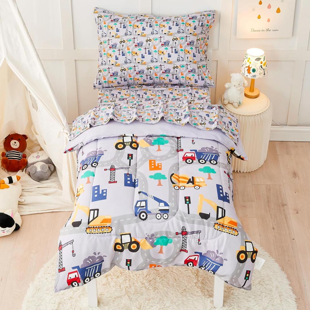 Construction Toddler Bedding Set for Boys, 4 Piece Bed-in-a-Bag Toddler Comforter Sets, Excavator, Cars Printed, Super Soft and Comfortable Microfiber Todeeler Bed Set