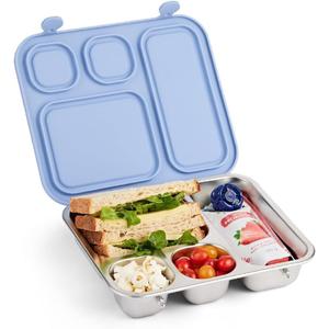 Elk and Friends Kids Stainless Steel Bento Box with Silicone Lid | Leak-proof | Toddler Lunch Container | 4 Compartments | Dishwasher Safe, Blue