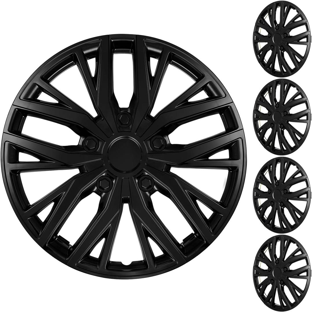 16 Inch Universal Hubcaps Wheel Covers, Snap-On Wheel Rim Covers for Cars and SUVs, Compatible with Most Steel Wheels, Set of 4 (Black)