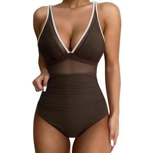 SUUKSESS Women Slimming Tummy Control One Piece Swimsuits Sexy Mesh High Waisted Monokini Bathing Suits (Brown White, XL)