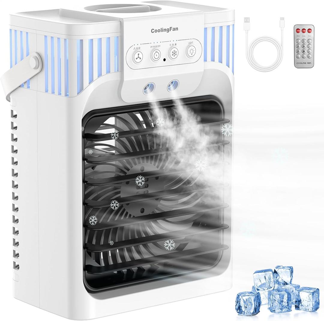 Portable Air Conditioners with Remote for Bedroom, 4-IN-1 Personal Evaporative Air Cooler with 3 Speeds & 3 Mist, 7-Color Night Light, 2-8H Timer, 1200ML Mini Air Conditioner Cooling Fan for Office