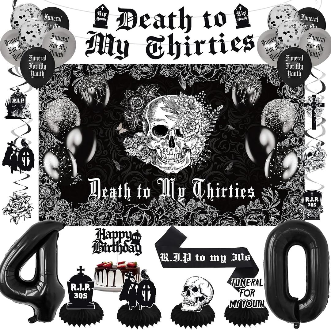 Crenics Death to My 30s Decorations - Death to My Thirties Backdrop, Banner, Honeycomb, Sash, Hanging Swirls, Cake Topper and Balloons for 40th Birthday Party Decorations for Women or Men (Black)