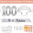 100th Birthday Decorations for Women Silver with 100th Birthday Sash and Tiara, Cake Topper and Candles, Silver Number Balloons, 100 Year Old Gifts for Women