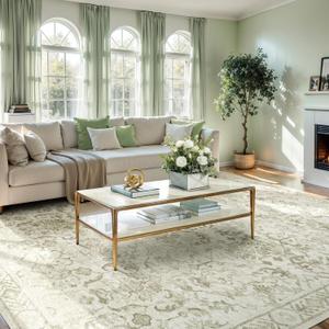 Deerly Sage Green Rugs 8x10 for Living Room Soft Non-Slip, Large Vintage Floral Area Rug Retro Tribal Farmhouse Stain Resistant Carpet for Bedroom Dining Room Office Guest Room