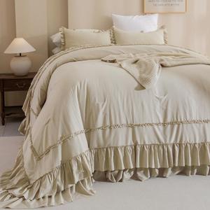 Masaca 120x120 Oversized Comforter King Size,Farmhouse Shabby Boho Chic Ruffle California King Bed Comforter Set French Country Rustic Bedding 3PCS (1 Ruffled Comforter+2 Pillow Shams) (Wheat)