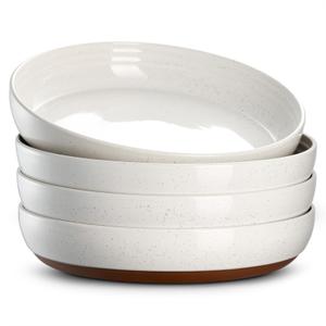 DOWAN 9.6" Ceramic Pasta Bowls Set of 4, Large Shallow White Dinner Bowls with Sesame Glaze Finish, Wide Bowl Plates for Pasta, Salad, Soup & Stew, Microwave & Dishwasher Safe, Housewarming Gift