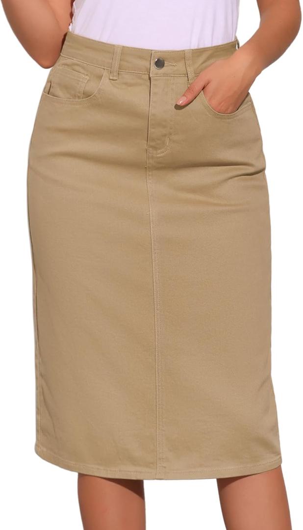 Allegra K Casual Denim Skirt for Women's High Waist Split Back Pockets Midi Jean Skirts (Khaki, L)