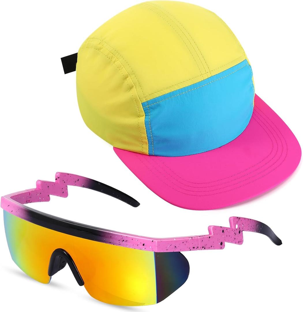 Cindeer 2 Pcs 80s 90s Neon Hat Neon Retro Semi Rimless Sunglasses, 80s Costumes Accessories for Women Men 90s Theme Party (One Size, Yellow Top)