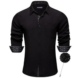 Barry.Wang Black Dress Shirt for Men Button Down Long Sleeve Checkered Cowboy Muscle Casual Shirts Button Up Western Formal, Black Small