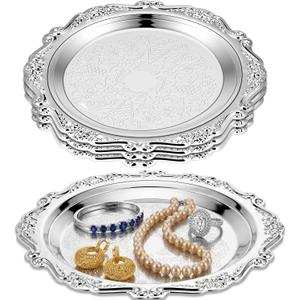 4 Pcs Silver Serving Platter Tray Jewelry Display Tray Decorative Dessert Plates Vintage Coffee Table Perfume Jewelry Organizer for Wedding Party Centerpiece