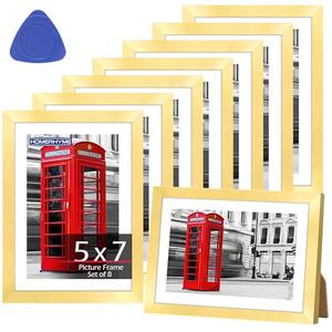 HOMERHYME 5x7 Picture Frames 8 Pack, Gold Frames for Wall or Tabletop Display, Photo Frame Collage with HD Plexiglass for Home Office Wall Decor, Display Pictures 4x6 with Mat or 5x7 Without Mat
