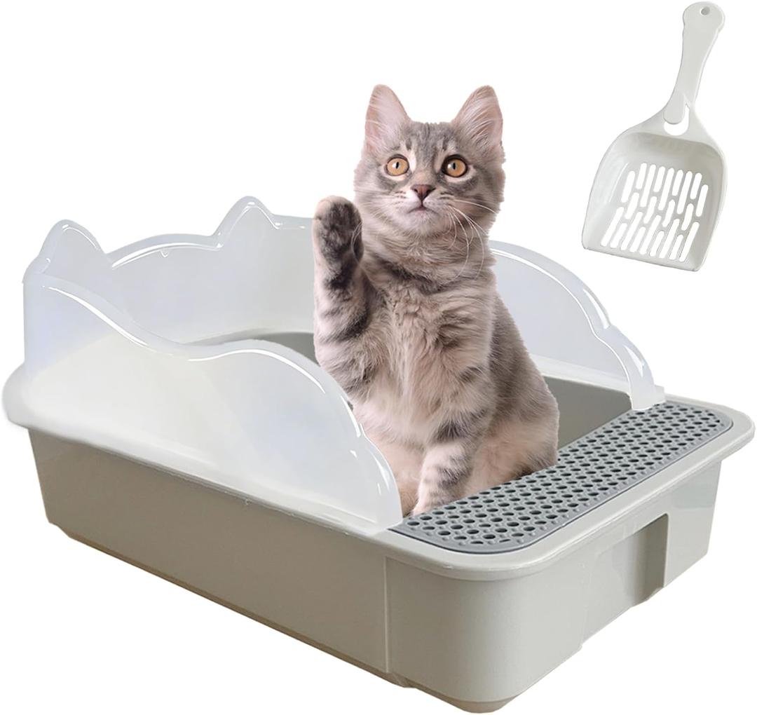 Kathson Open Small Cat Litter Box with High Side, Anti-Splashing Kitten Litter Pan, Semi-Enclosed Removable Kitty Cat Toilet with Litter Sifting Scoop for Boxes Easy to Clean No Odor-Grey