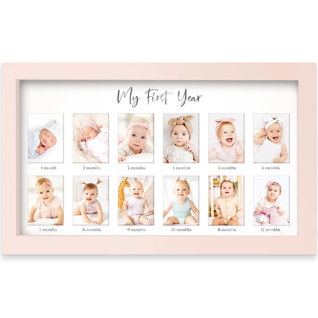 My First Year Photo Frame,12 Months Baby Picture Frame for Newborn Girl, Boy-Baby Shower Gifts Keepsakes, Monthly Baby's One Year Birthday Milestone,1st Nursery Photo Collage Display Board (Petal Pink)