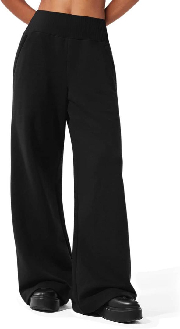 HeSaYep Womens Wide Leg Sweatpants 2025 Ribbed High Waist Straight Leg Baggy Sweat Pants with 4 Pockets (X-Small, Black)