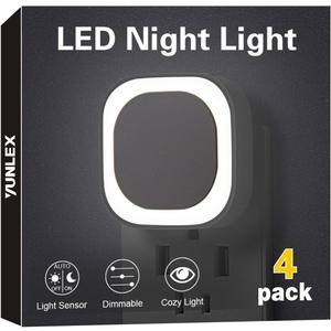 YUNLEX 4 Pack Daylight White Night Light, Gentle Eye-Care with Dimmable Wide-Glow, Indirect Reflection, Auto Dusk to Dawn Sensor, Plug in for Hallway, Kitchen, Garage, Laundry, as Mother Gifts