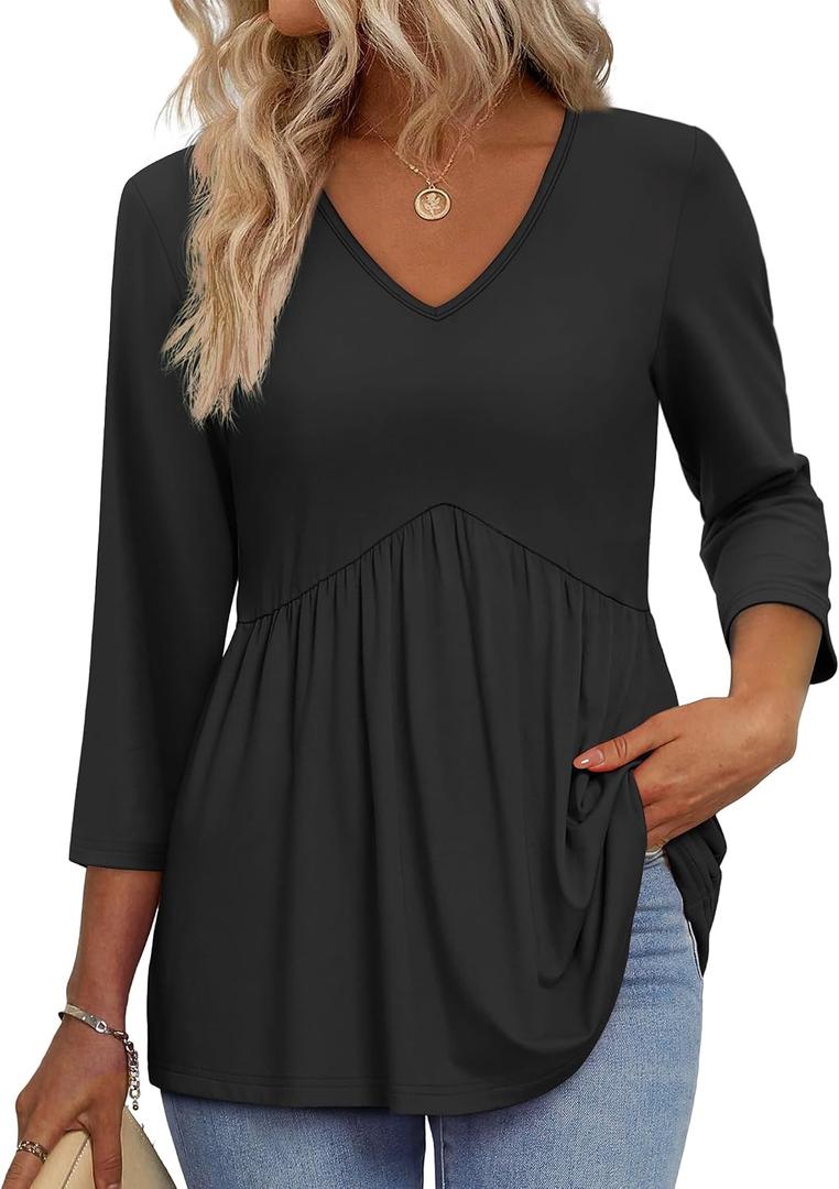 3/4 Length Sleeve Women's Tops 2025 Blouses for Women Dressy Casual Fashion Clothing V Neck Babydoll Tops Fall Outfits, 2XL