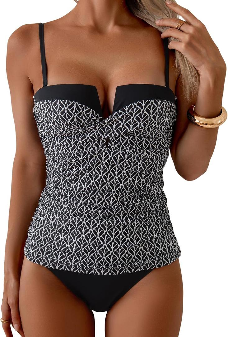 Aidonger Women's Tankini Push Up Wrap Front Swimsuit Two Piece Tummy Control Slimming Bathing Suit with High Waisted Bottom (Black, XL)