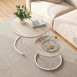 HOJINLINERO Round Coffee Table,Nesting Coffee Table Set of 2,Center Tables for Living Room,Office, Home Small Space,Stacking Side Tables,Sturdy and Easy Assembly,Wood Desktop,Oak+White,Large