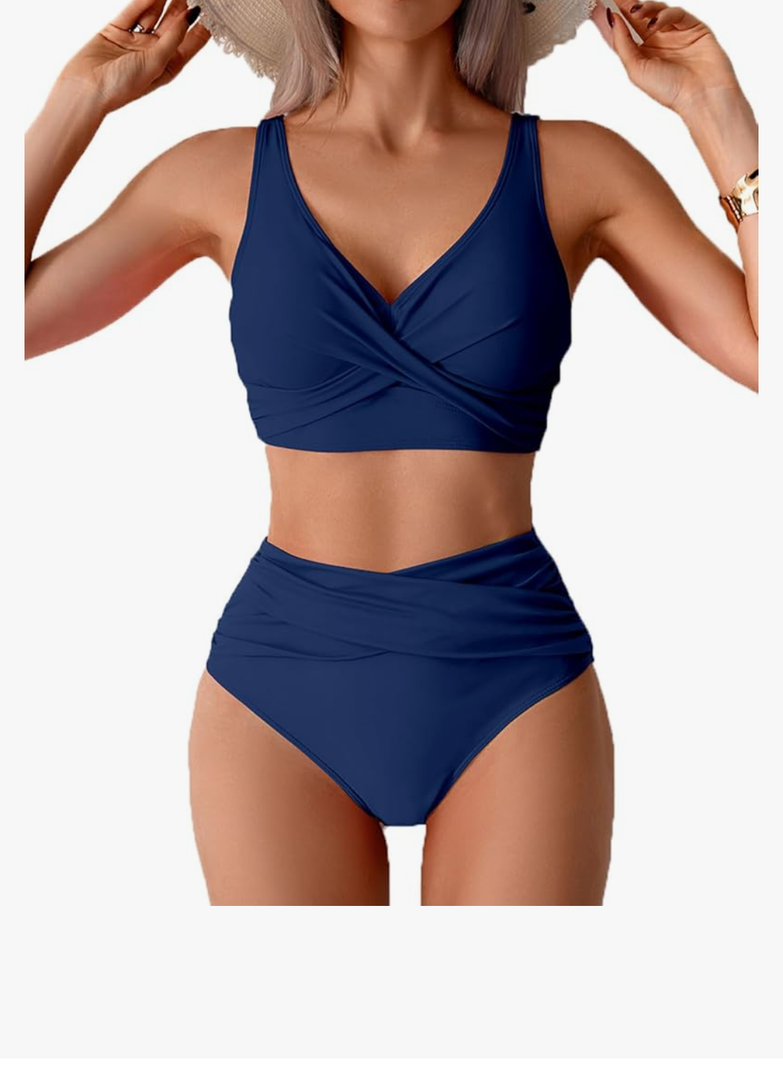 Fanuerg Women High Waisted Bikini Sets V Neck Cross Twist Front Two Piece Swimsuit Tummy Control Bathing Suit
Size -M