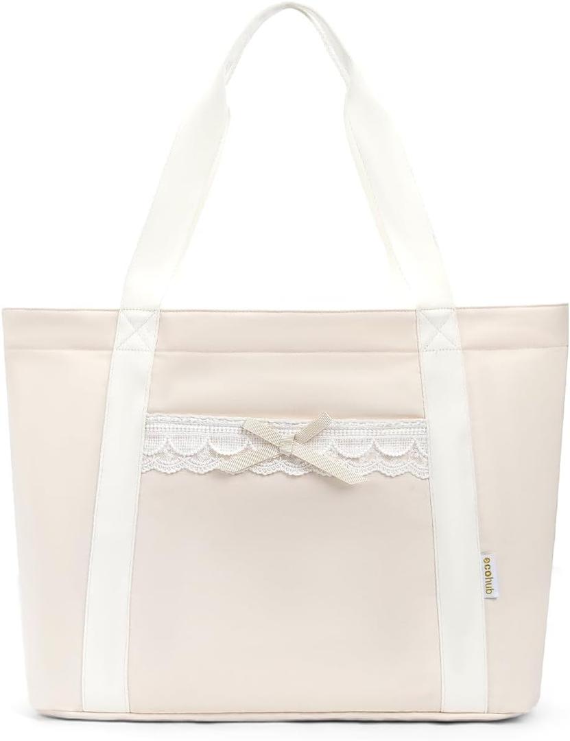 ECOHUB Lace Bows Canvas Tote Bag for Women, Large Work Tote Suitable for Birthday, Beach, Wedding, Honeymoon, Shoulder Handbags Gifts for Mom, Brides, Friends, Bridesmaids, Beige 24L