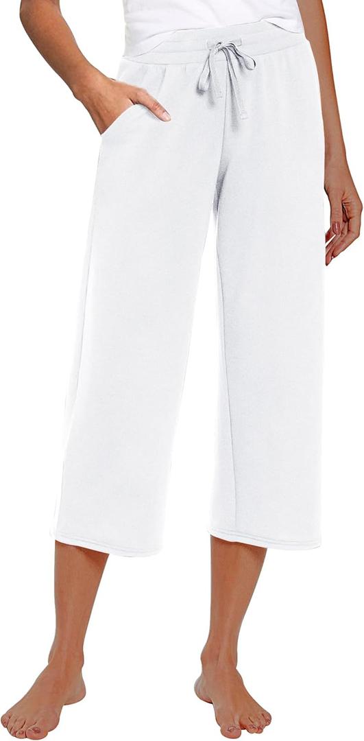 Womens Capri Pants Loose Yoga Pants Wide Leg Drawstring Lounge Pajama Capris Sweatpants with Pockets (White, 3XL)