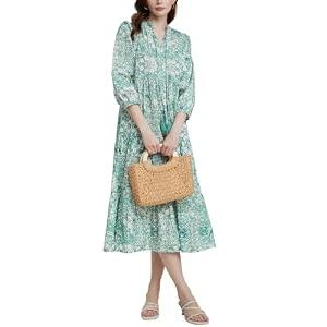 YEXPINE Women's Floral Printed Maxi Dress Boho Tassel Tie Neck 3/4 Sleeve Ruffle Hem Flowy Tiered Long Dress with Pockets Green, S