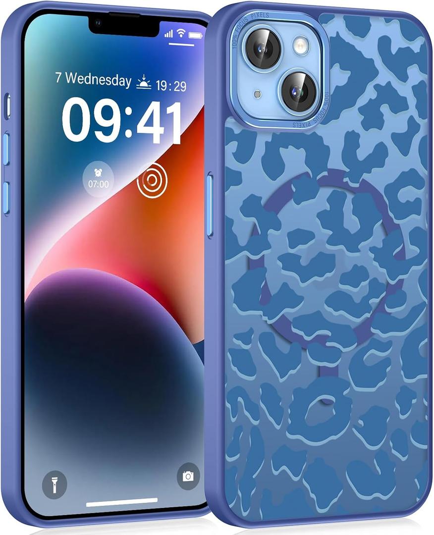 Cute Cheetah Print Phone Case for iPhone 14 / iPhone 13 6.1" Compatible with MagSafe, Aesthetic Navy Blue Leopard Pattern Magnetic Cover Soft TPU Hard PC Back Shockproof Funda for Women Girls