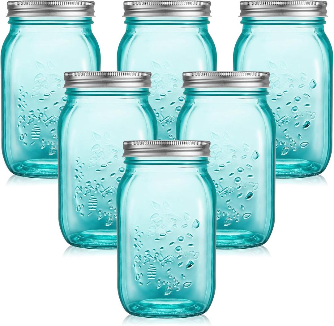 Tessco for you 6 Pcs 16 oz Mason Jars with Lids Regular Mouth Glass Canning Jar for DIY Crafts Flower Decor, Storage, Canning, Pickling, Preserving, Dishwasher Not Allowed(Peacock Green)