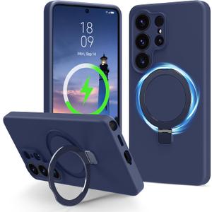 for Galaxy S26 Ultra Case with Stand, Slim Liquid Silicone Phone Cases for Samsung Galaxy S26 Ultra Compatible with MagSafe Magnetic Ring Kickstand Case Full Camera Protection, Dark Blue