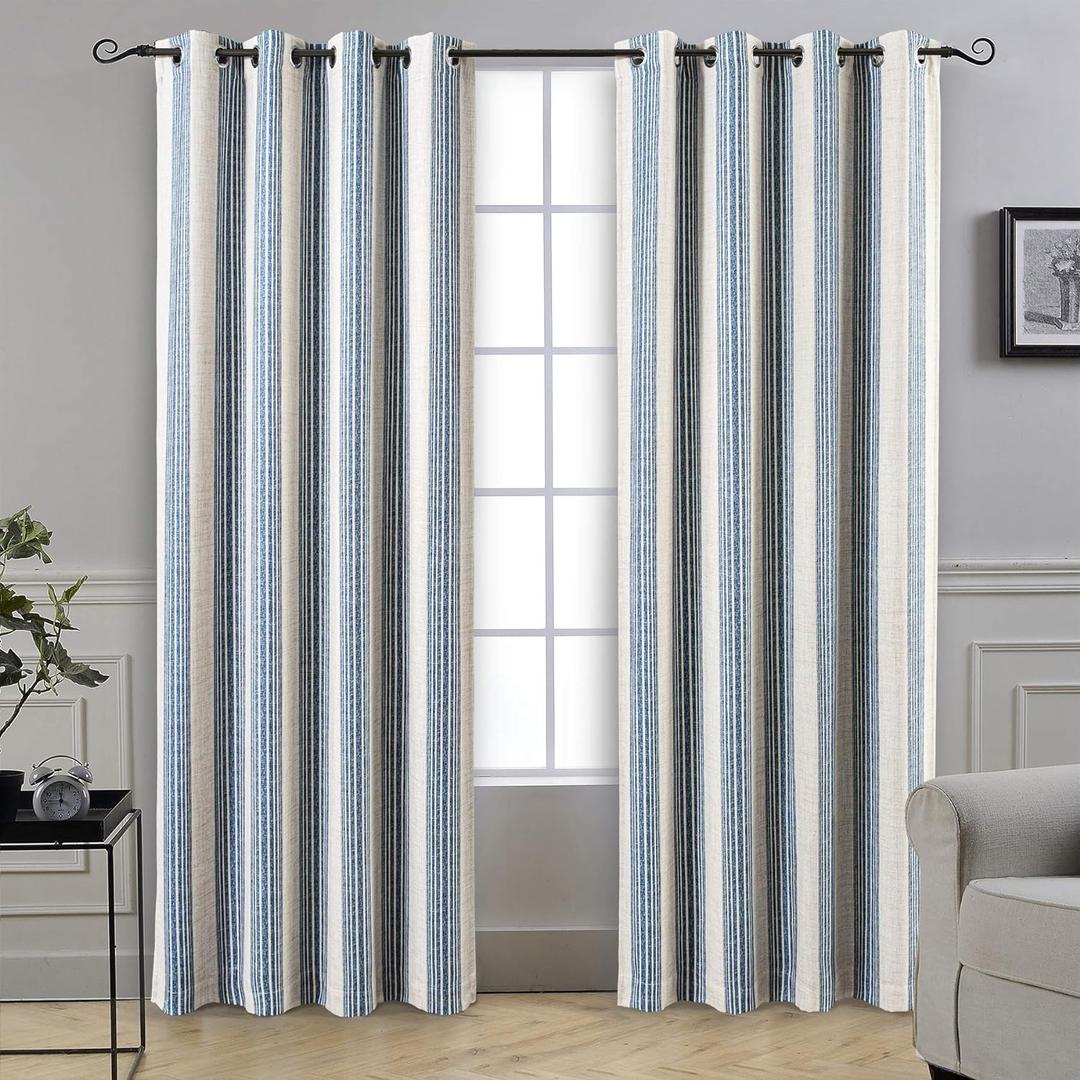 DriftAway Chris Linen Blackout Curtains with Thermal and Sound Reducing Layer 84 Inches Long for Bedroom Striped Printed Drapes Thermal Insulated Lined Window Treatments for Living Room Jean Navy