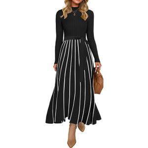 ZESICA Womens 2026 Spring Turtleneck Long Sleeve Sweater Dress Tie Waist Casual Loose Ribbed Knit A Line Midi Dresses Black, Small