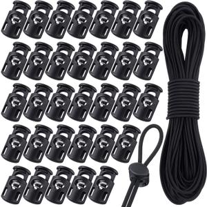 Patelai 50 Pieces Cord Locks Spring Toggles Stoppers Plastic Single Hole End Stopper Slider and 1/8 Inch 66 Feet Elastic Bungee Cord for Drawstring Shoelaces Clothing Bags(Black, Classic Style)