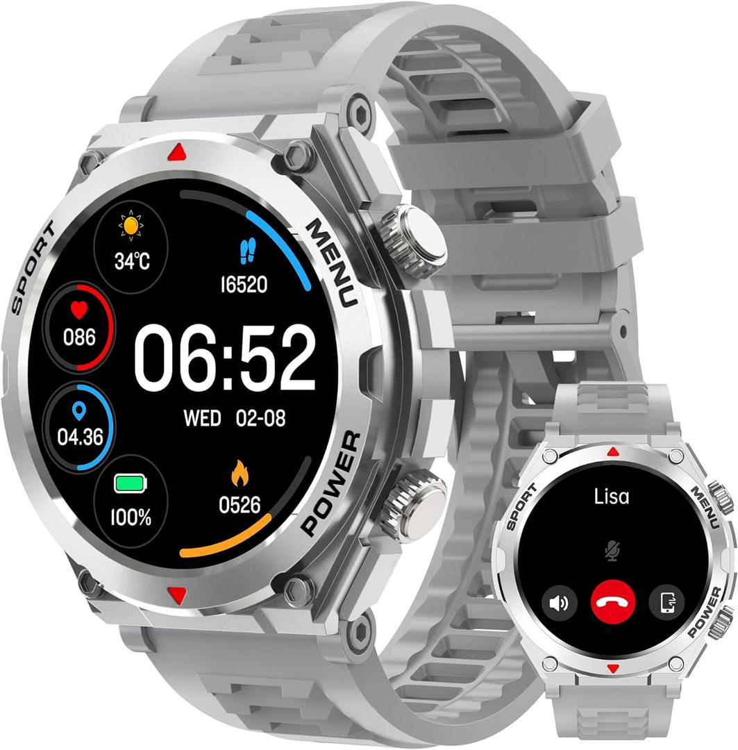 Military Smart Watch for Men (Answer/Make Call), 1.52" HD Smartwatch for Android Phones/iPhone, 100+ Sport Mode Fitness Tracker with Heart Rate, SpO2, Stress and Sleep Monitor, IP68 Waterproof (Silver)