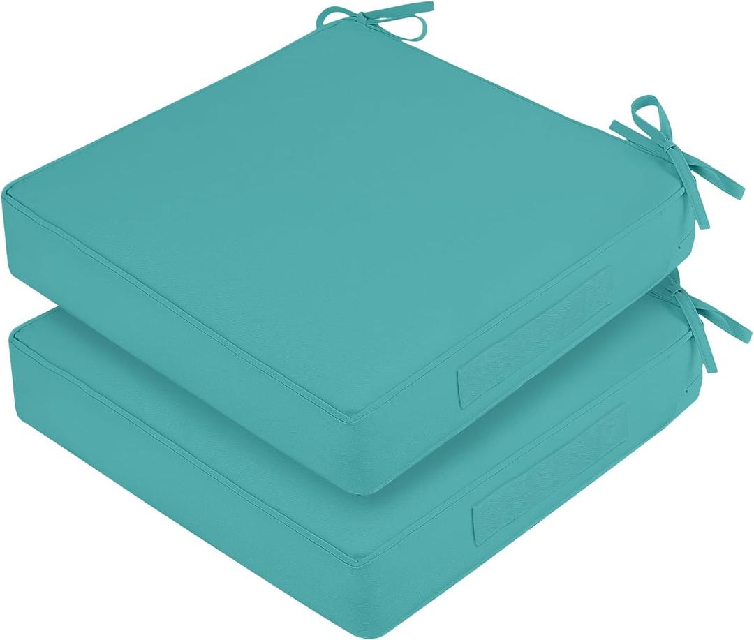 Waterproof Outdoor Chair Cushions Set of 2, Square Outdoor Seat Cushions with Ties and Removable Covers, 22 x 22 Outdoor Cushions for Patio Furniture with Portable Handle(Teal)
