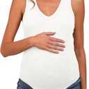 Tankaneo Womens Maternity Tank Tops Sleeveless V Neck Ribbed Knit Shirts | Summer Casual, Curved Hem Pregnancy Clothes, Fitted (White, L)