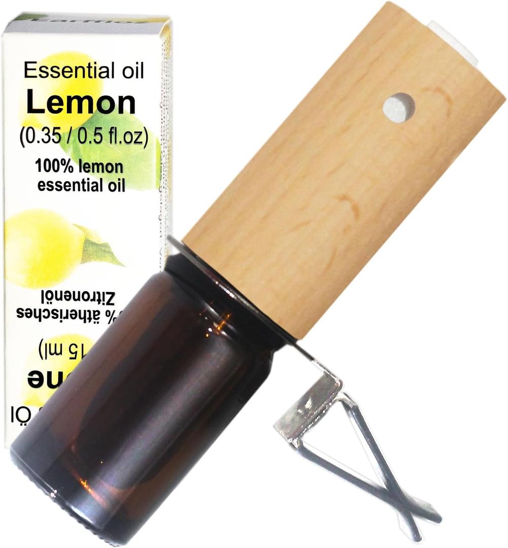 Lemon Car Scent 30 Days’ Refillable Odor Fighting Non-toxic Strong Natural Fresh Fragrance, Vent Clip Wood Diffuser & Pure Essential Oils Auto Air Freshener (1x Beech Diffuser + 10ml Oil)