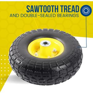 10-Inch Solid Tire Wheels - Replacement 4.10/3.50-4" Flat Free Tires and Wheels with 5/8" Axle Bore Hole Bearings, 2.17" Offset Hub -Perfect for Hand Truck, Wheelbarrow, Gorilla Carts (Yellow)